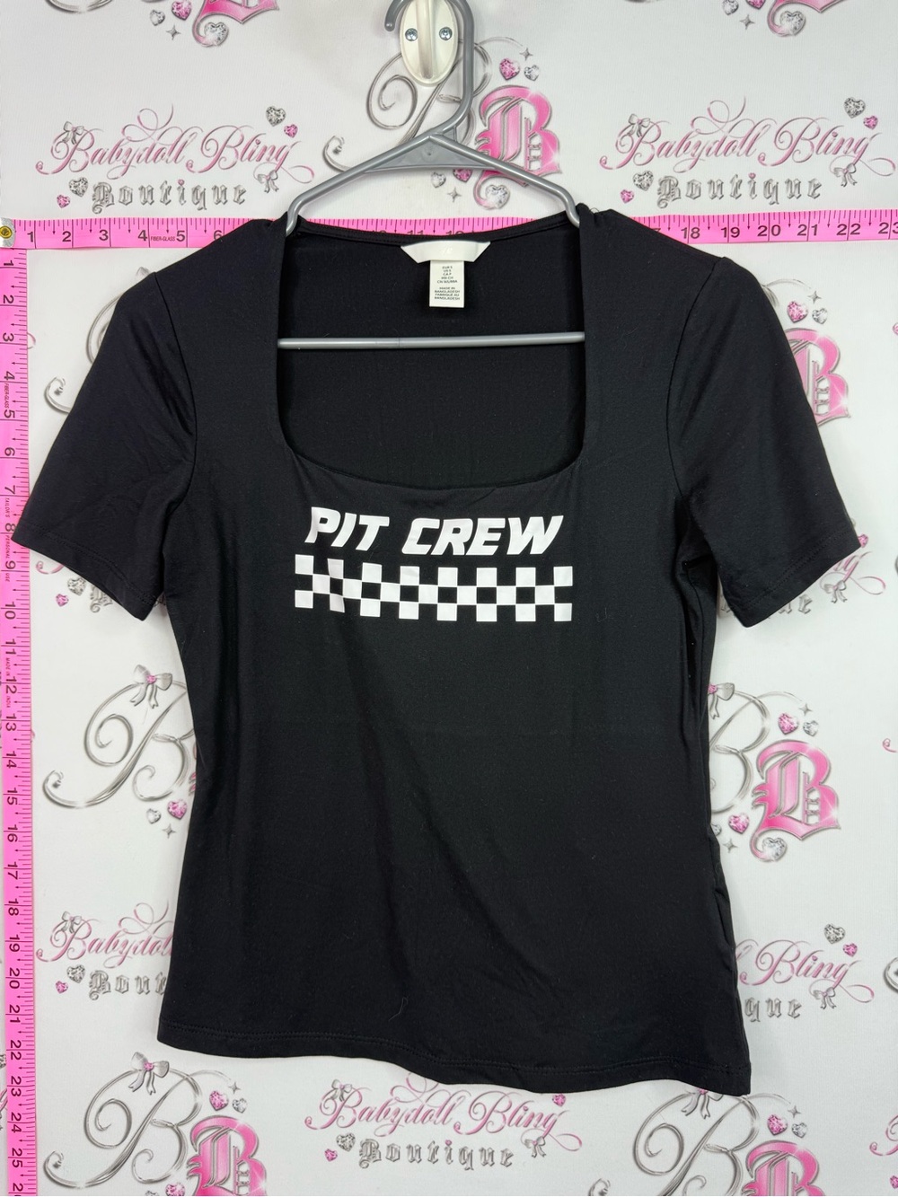 H&M Black Tee with White "Pit Crew" Graphic